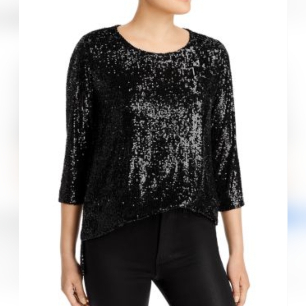Crescendo Black Sequin Top Size Large Sparkly Party Holiday Blouse #1157